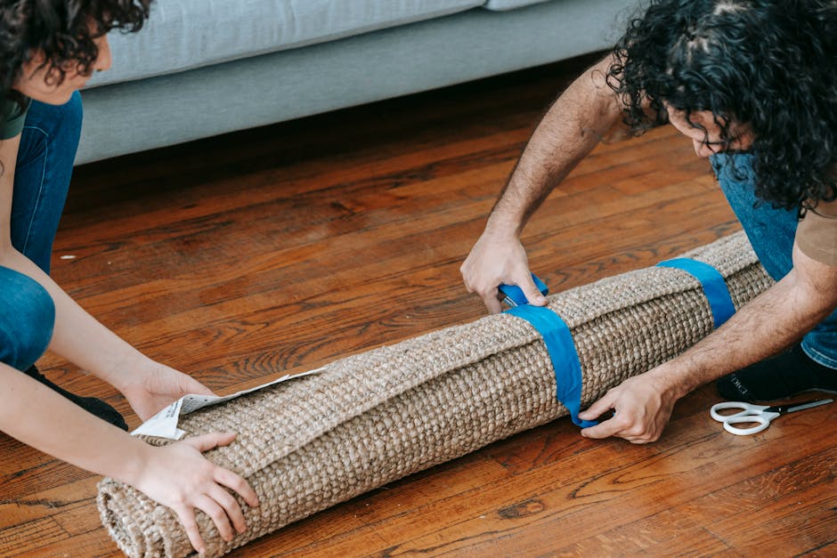 A couple wrapping a rolled carpet with adhesive tape, ready for moving.
