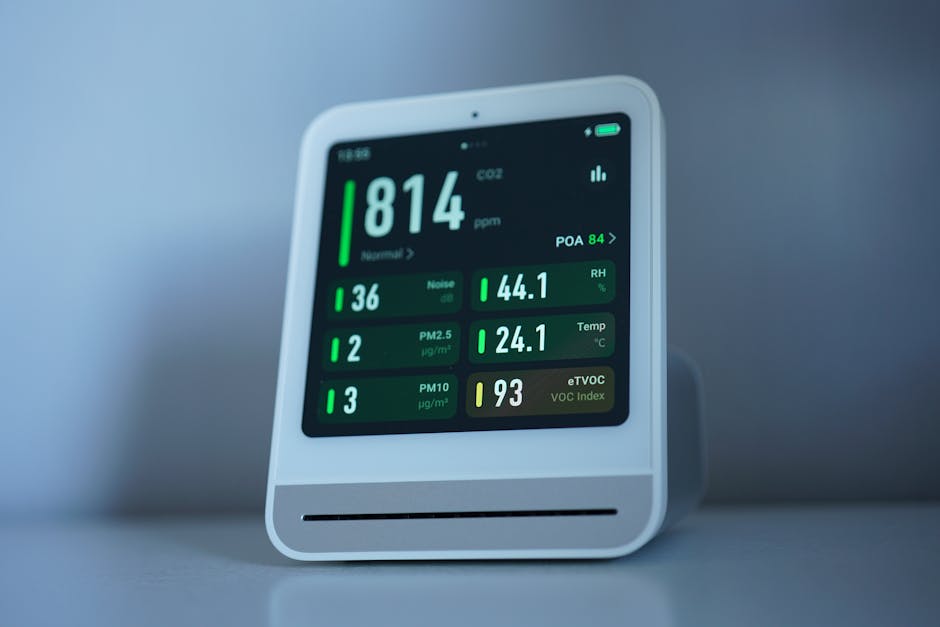 A sleek air quality monitor showing CO2 and other air metrics, ideal for smart homes.